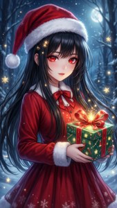 身穿聖誕老人服裝的動漫女孩在雪地森林中手持發光禮物 — 动漫圣诞 壁紙