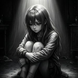 一位悲伤的动漫女孩在昏暗的房间中蜷缩，光影效果强烈。 — 悲伤动漫 GIF 壁紙