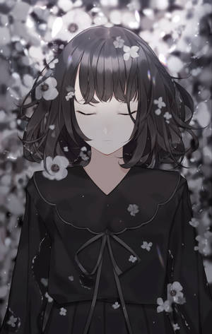 黑白悲傷動漫女孩與花朵 — 华为MatePad Mini 壁紙